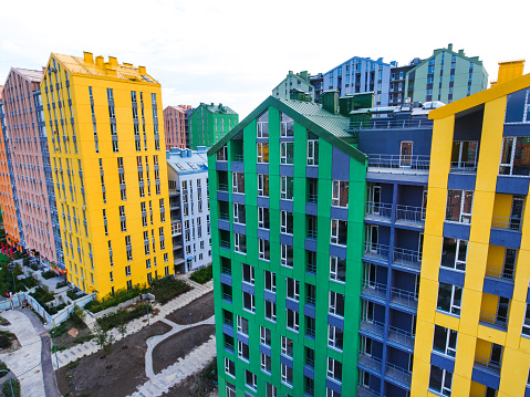 istock Aerial view of a residential complex with rainbow houses on the left bank of Kyiv 1470449215
