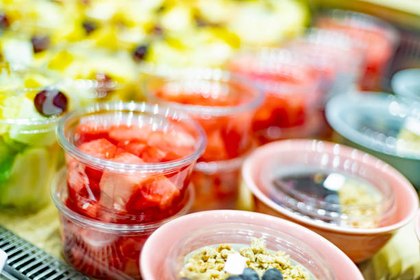 istock Pre-packaged fruit salads displayed in a commercial refrigerator 1470449221