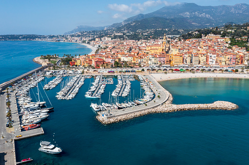 Yachts and Boats at Harbor in Menton, Aerial View, Cote d'Azur, French Riviera, Mediterranean Sea.