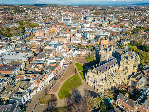 City centre and Exeter Cathedral in Devon