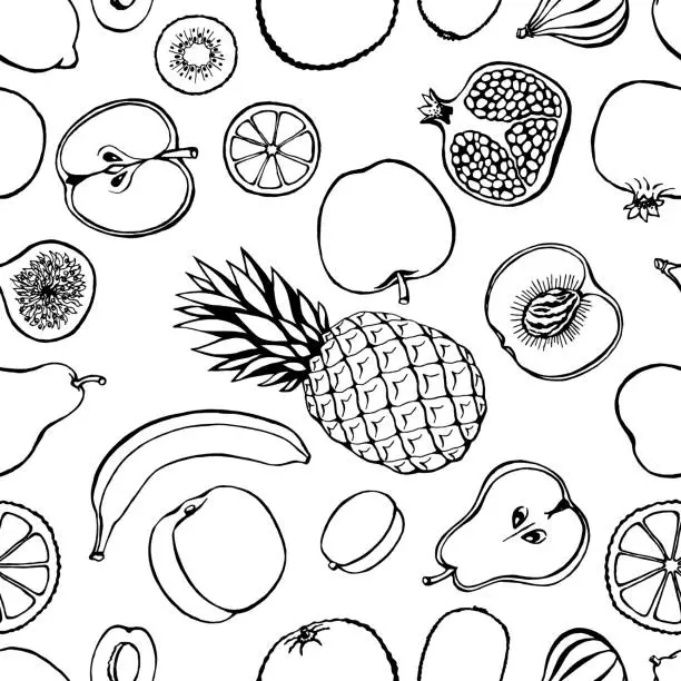 Vector illustration of Seamless pattern with hand drawn fruits elements. Vegetarian wallpaper.