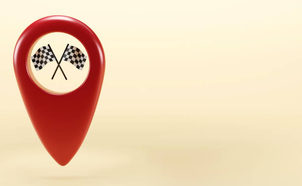 3D render of Red location pin with checkered racing double flags on pastel background