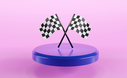 3D render of Checkered Racing double flags with stand on color background