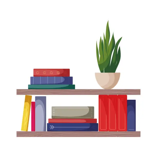 Vector illustration of Bookshelve with books and potted plant. Bookstore, bookshop, book lover concept. Isolated Vector illustration.