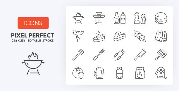 barbecue and grill line icons 256 x 256 Barbecue and grill thin line icon set. Outline symbol collection. Editable vector stroke. 256x256 Pixel Perfect scalable to 128px, 64px... barbecue meal stock illustrations