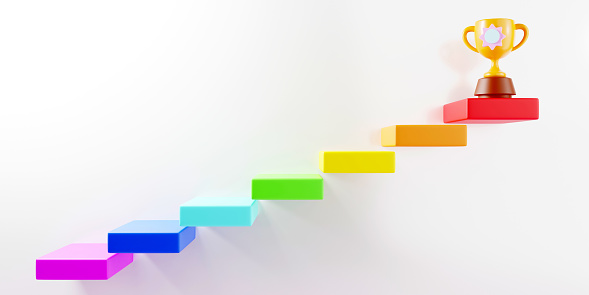 3D render of Rainbow stairs and golden trophy, step to success concept