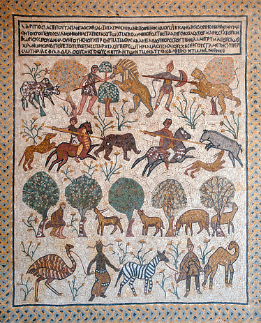 Wildlife tapestry rug design, craft workshop, Amman, Jordan. Jordan is well known for its various craft skills and products as is much of the Middle East,  including mosaic work, rug and carpet weaving, hand painted items such as ostrich eggs and ceramics