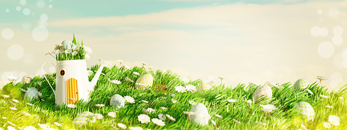 Easter landscape with house decorated at Easter in shape of watering pot on field. 3D render
