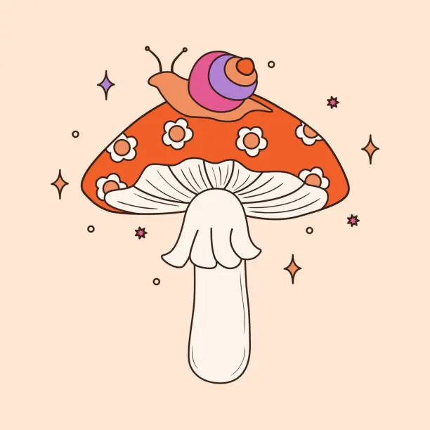 Vector illustration of Groovy mushroom and snail in 70s style