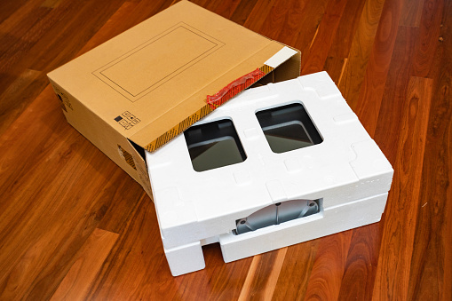 Modern computer monitor with polystyrene packaging