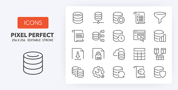 Database and data technology concepts. Thin line icon set. Outline symbol collection. Editable vector stroke. 256x256 Pixel Perfect scalable to 128px, 64px...