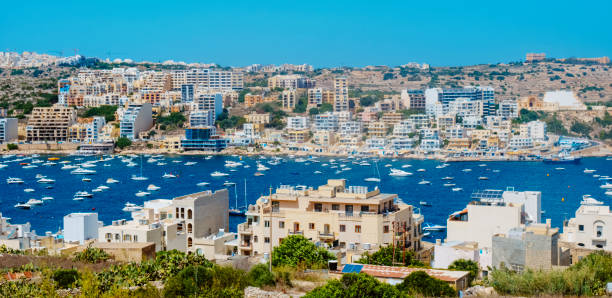 a panoramic view of St Pauls Bay, San Pawl il-Bahar in Maltese language, in Malta, on a summer day