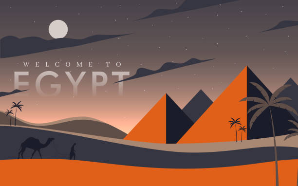 ilustrações de stock, clip art, desenhos animados e ícones de egypt desert landscape with man and his camel walking and pyramid on the background - egypt pyramid cairo camel