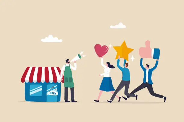 Vector illustration of Customer loyalty or retention, marketing strategy for return customer, CRM to increase sale and satisfaction concept, store owner with megaphone tell loyalty customers with brand positive feedback.