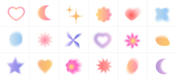 Abstract blurred gradients hearts and flowers set. Soft colored graphic elements collection.Y2k aesthetics aura. Vector isolated illustration Abstract blurred gradients hearts and flowers set. Soft colored graphic elements collection.Y2k aesthetics aura. Vector isolated illustration фантазия stock illustrations