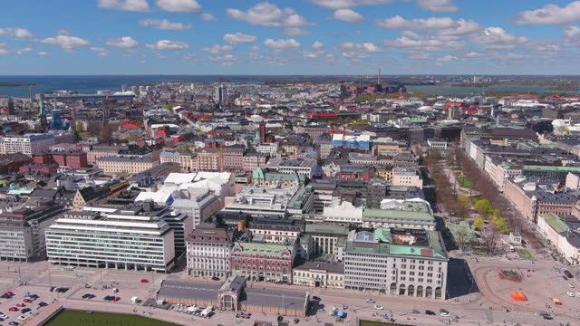 Helsinki: Aerial view of capital city of Finland, sunny spring day, Baltic Sea - landscape panorama of Northern Europe from above