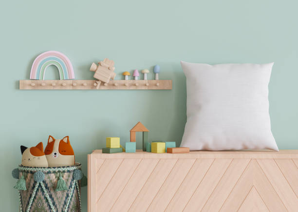 istock White square pillow in kids room. Blank cushion case template for your graphic design presentation. Pillow cover mock up for print, pattern, personalized illustration. Close-up. 3D rendering. 1470460273