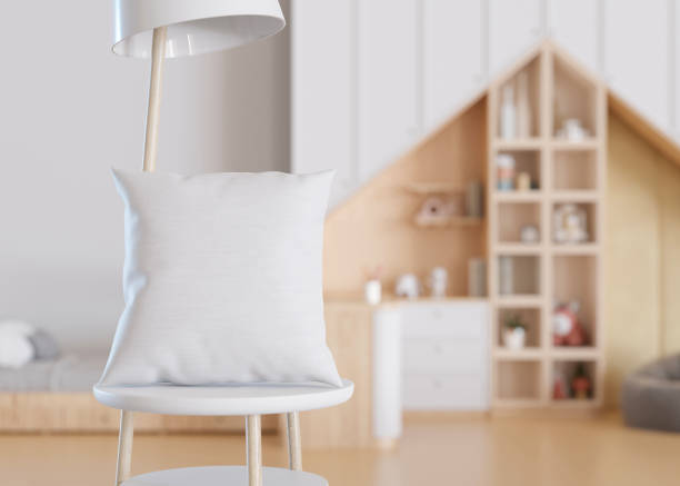 istock White square pillow in kids room. Blank cushion case template for your graphic design presentation. Pillow cover mock up for print, pattern, personalized illustration. Close-up. 3D rendering. 1470460281