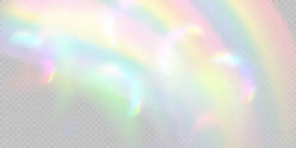 Vector illustration of Rainbow light prism effect, transparent background. Hologram reflection, crystal flare leak shadow overlay. Vector illustration of abstract blurred iridescent light backdrop.