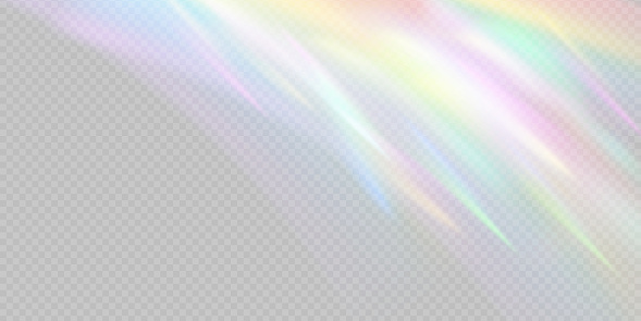 Rainbow light prism effect, transparent background. Hologram reflection, crystal flare leak shadow overlay. Vector illustration of abstract blurred iridescent light backdrop