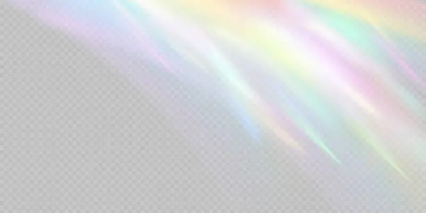 Vector illustration of Rainbow light prism effect, transparent background. Hologram reflection, crystal flare leak shadow overlay. Vector illustration of abstract blurred iridescent light backdrop.