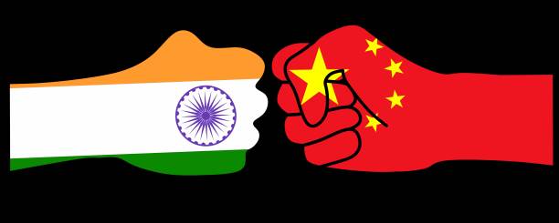 istock hand fist with india china flag isolated on black background.Conflict between India and China illustration 1470461235