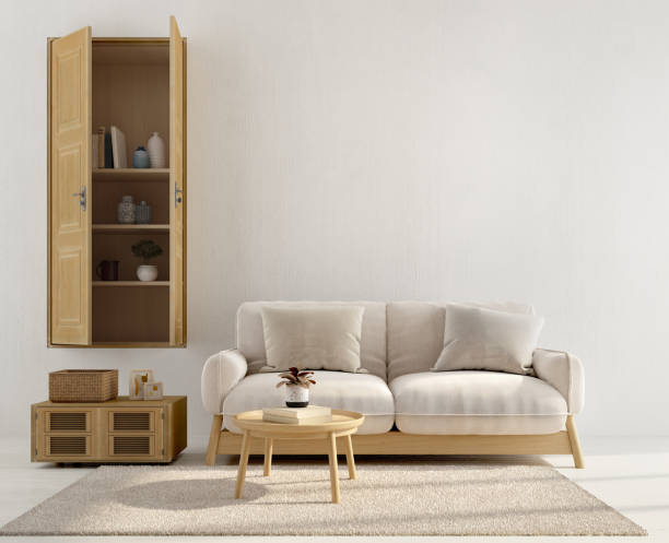 istock White room interior with wood sofa and table.3d rendering 1470461240
