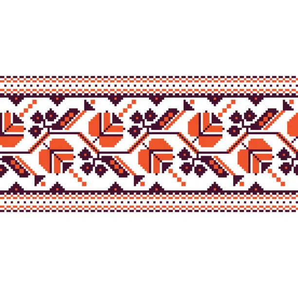 Vector illustration of Vector illustration of Ukrainian folk seamless pattern ornament. Ethnic ornament. Border element. Traditional Ukrainian, folk art knitted embroidery pattern - Vyshyvanka