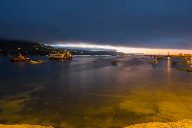 The Aldan Estuary cannot be considered estuary because it is not formed by the mouth of the river, but we can say that it is a deep entree of great beauty of the Pontevedra Estuary in Galicia Spain. View by dusk.