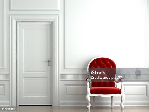 Red Velvet Armchair On White Wall Stock Photo - Download Image Now - Red, Armchair, Door