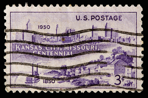 A 1950 issued 3 cent United States postage stamp showing Centennial of Kansas City.