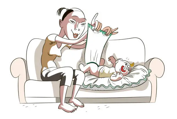 Vector illustration of Far Eastern Nanny Changes Baby's Diaper