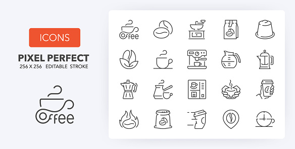 Coffee. Thin line icon set. Outline symbol collection. Editable vector stroke. 256x256 Pixel Perfect scalable to 128px, 64px...