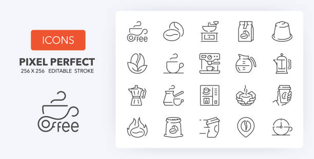 coffee line icons 256 x 256 Coffee. Thin line icon set. Outline symbol collection. Editable vector stroke. 256x256 Pixel Perfect scalable to 128px, 64px... turkish coffee pot cezve stock illustrations
