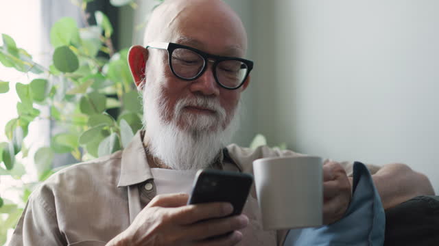 Senior man using mobile phone searching internet