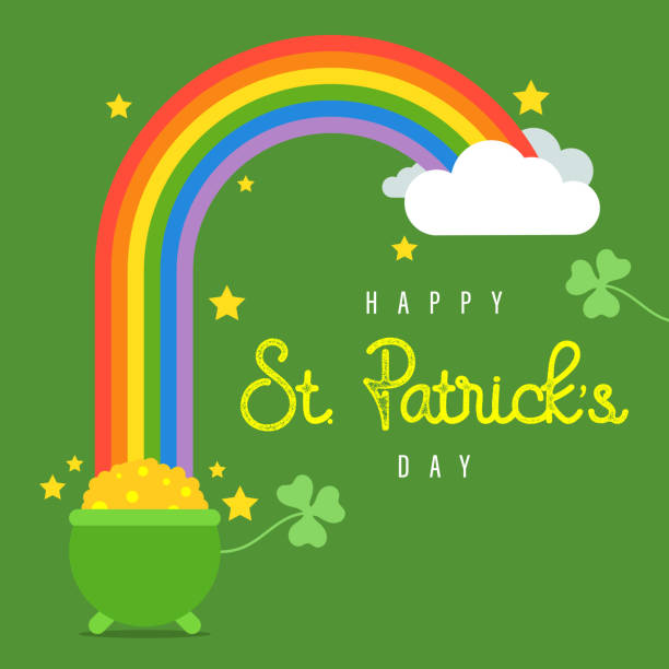 St Patricks Day Rainbow and Pot of Gold - Happy St. Patrick's Day Clipart Design Get in the festive spirit with this vibrant St. Patrick's Day design featuring a rainbow and pot of gold illustration. The colorful rainbow and pot of gold, along with the text 'Happy St. Patrick's Day,' make for a playful and celebratory design perfect for the occasion. Use it for social media posts, invitations, greeting cards, and more. Don't forget to include the keywords 'St. Patrick's Day' and 'rainbow' in your search for even more festive designs! irish shamrock clip art stock illustrations