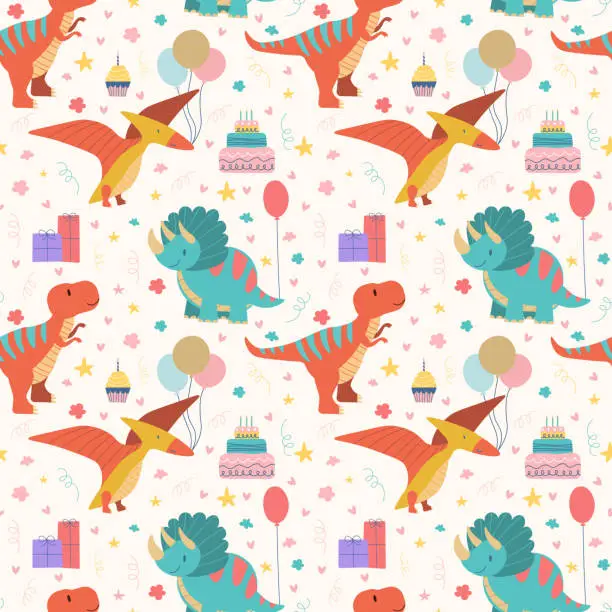 Vector illustration of Dino birthday party pattern seamless dinosaur kid holiday celebration illustration Baby design for birthday invitation or baby shower, poster, clothing, nursery wall art and card. EPS