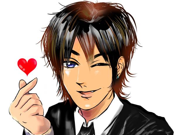 Cartoon illustration of a Japanese 1990s-style brown-haired playboy host sending finger hearts to a nominated customer, with white background. Cartoon illustration of a Japanese 1990s-style brown-haired playboy host sending finger hearts to a nominated customer, with white background. k pop stock illustrations