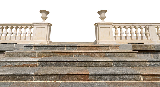 Closeup of a marble stairway and a white balustrade isolated on white background, Italy, Europe.
