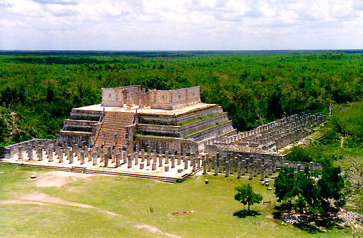 Aerial view of the Temple of the Thousand Columns (or Temple of the Warriors) at the archaeological site of the ancient Maya city of Chichen Itza, in the state of Yucatan, Mexico.