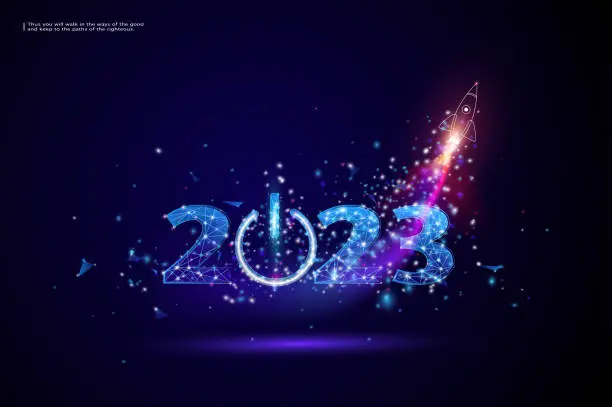 Vector illustration of Power start button, Abstract Happy 2023 New Year greeting card rocket launch.