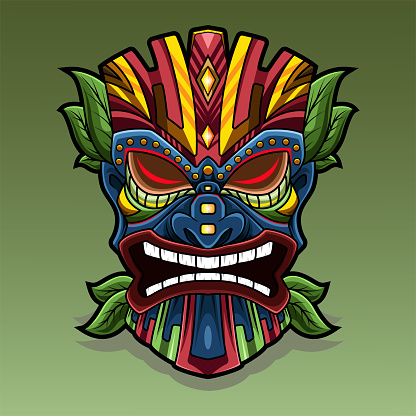 Illustration of Tiki mask with leaves mascot logo