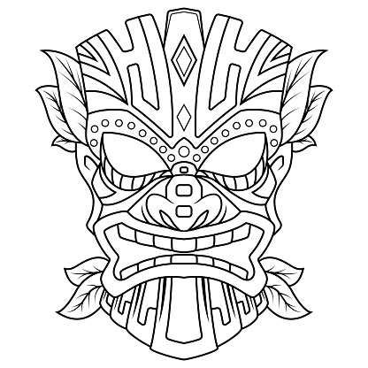 Illustration of Tiki mask with leaves mascot logo