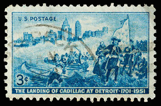 A 1951 issued 3 cent United States postage stamp showing the landing of Cadillac at Detroit.