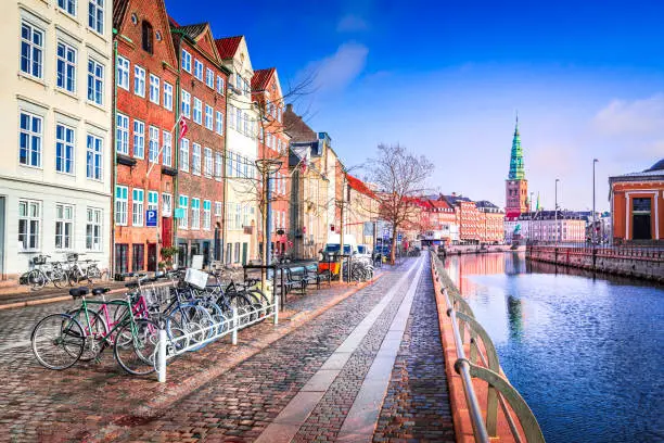Copenhagen, Denmark. Slotsholmskanalen is a picturesque canal located in the heart of the city, with historic and important buildings.