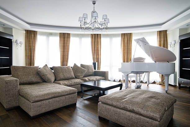 istock Interior of light living room with white piano 147048082