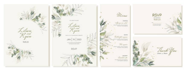 ilustrações de stock, clip art, desenhos animados e ícones de set of rustic wedding cards with green leaves and branches. wedding invitations and menu in watercolor style. vector - wedding invitation illustrations