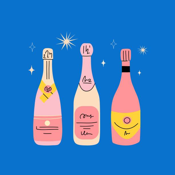 розовая бутылка шампанского. мультяшное современное вино. рисунок современной открытки или плаката. алкогольный напиток для празднования  - champagne pink bottle isolated stock illustrations