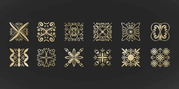 Vector illustration of Gold logo. Golden hand drawn logotype minimal design for cosmetics, spa or boutique. Floral curvy decor. Luxury elegant tile, emblem or badge. Business fashion identity, vector isolated illustration