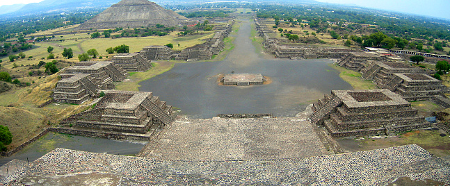 Panoramic perspective of the 'Alley of the Dead' from the 'Pyramid of the Moon' in the pre-Hispanic Aztec city of Teotihuacan in Mexico.